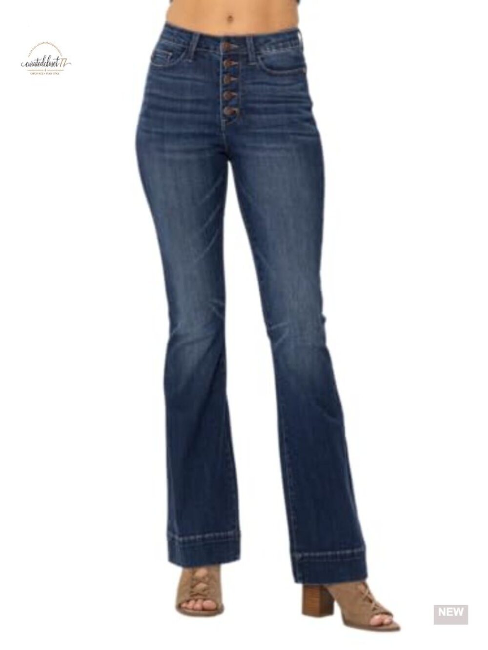 High Waisted Button Fly Trouser Flare Jeans Stretch Denim